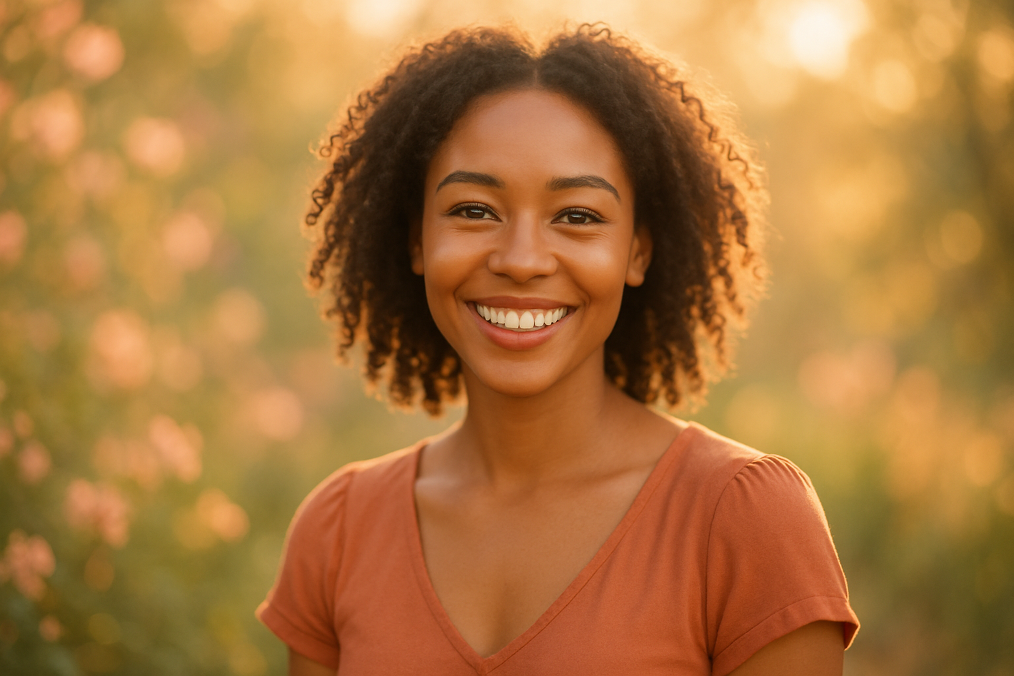 A beautiful woman similing that is aged around 20-25 with a good background that matches her aura and vibe